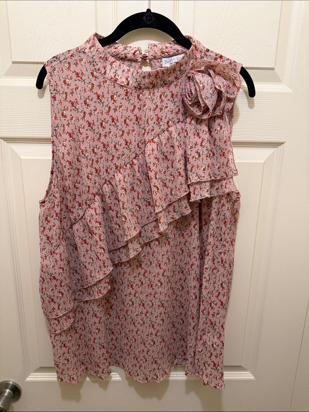 Sweet Pea Blush Pink Floral Ruffle Shoulder Shirt